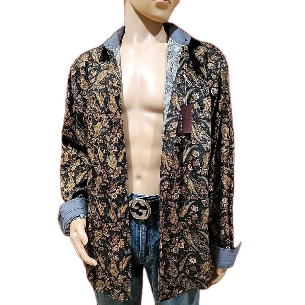 CONSEQUENCE Tobacco, Navy PAISLEY BUTTON UP MEN'S SHIRT BUTTON Up XL NWT #R1